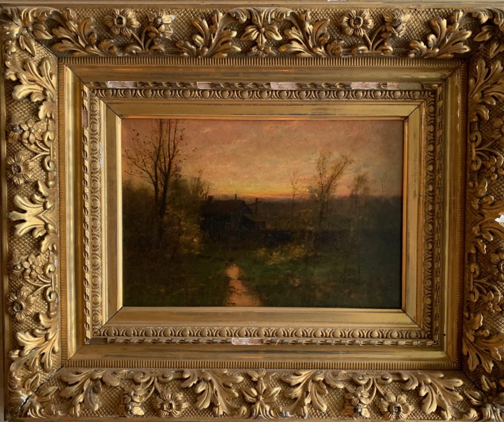 Oil painting by Dubois F. Hasbrouck, entitled peaceful evening on the Catskills.