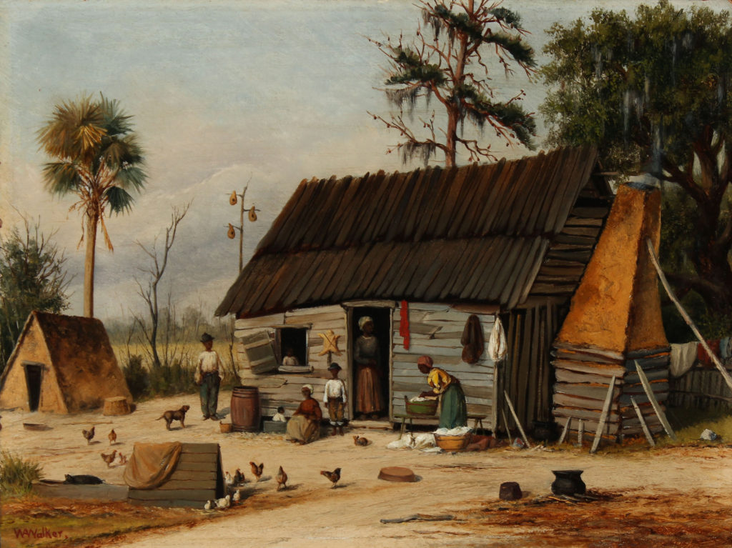 Oil paitning of a family at work in front of a ramshackle plantation hut.