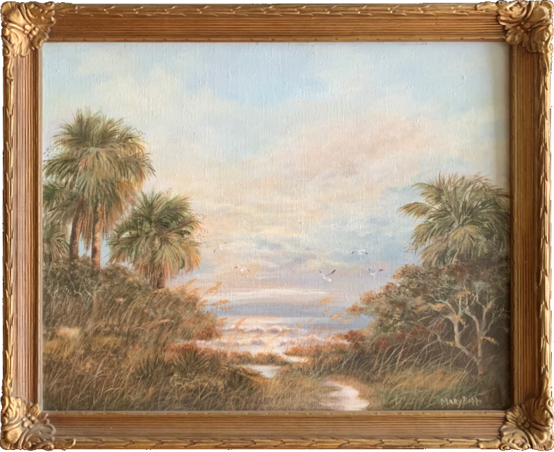 Oil painting on canvas in a frame of a tropical scene, by Mary Boggs