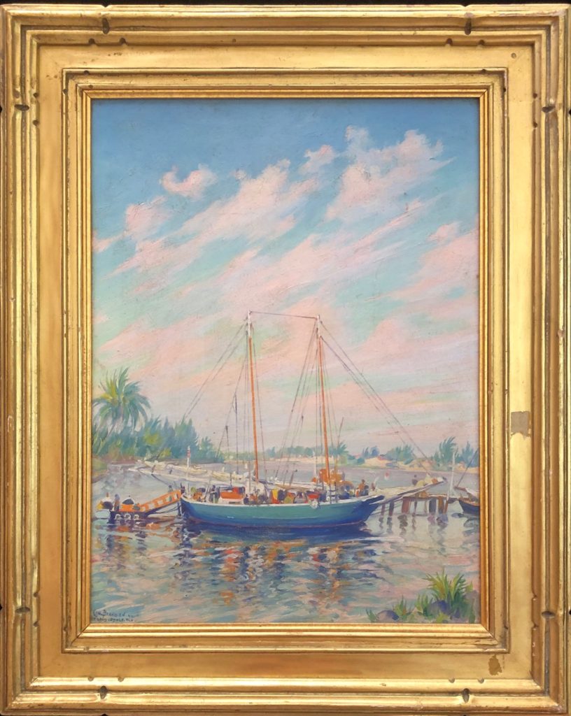 Oil painting of a sail boat docked near a wharf in Fort Lauterdale in the early 1900's.