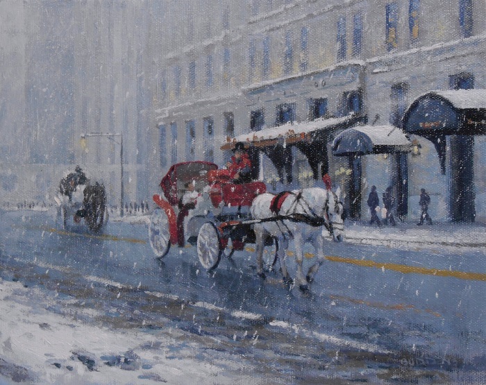 Oil painting of a horse drawn carriage on a city street. It is a wet snowy wintery day.