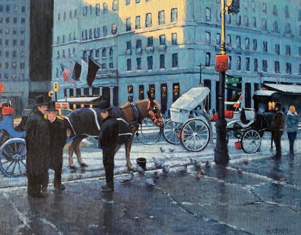 Oil painting of three men in top hats visiting on a New York City street corner. Several horse drawn carriages on the street in the background.