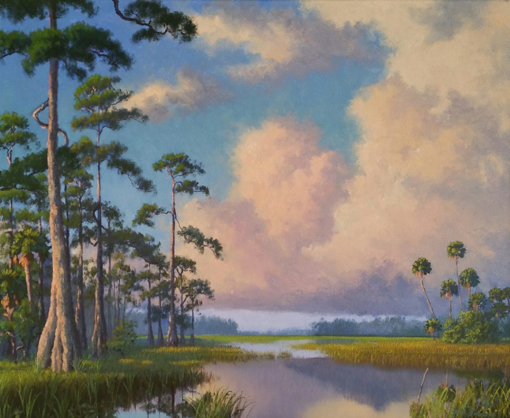 Oil painting by Donald D. Brown (b. 1947). Tall pines agains a blue sky on the left, overlooking a broad march with water and rushes in the foreground. Tall palms appear in the more distant right.