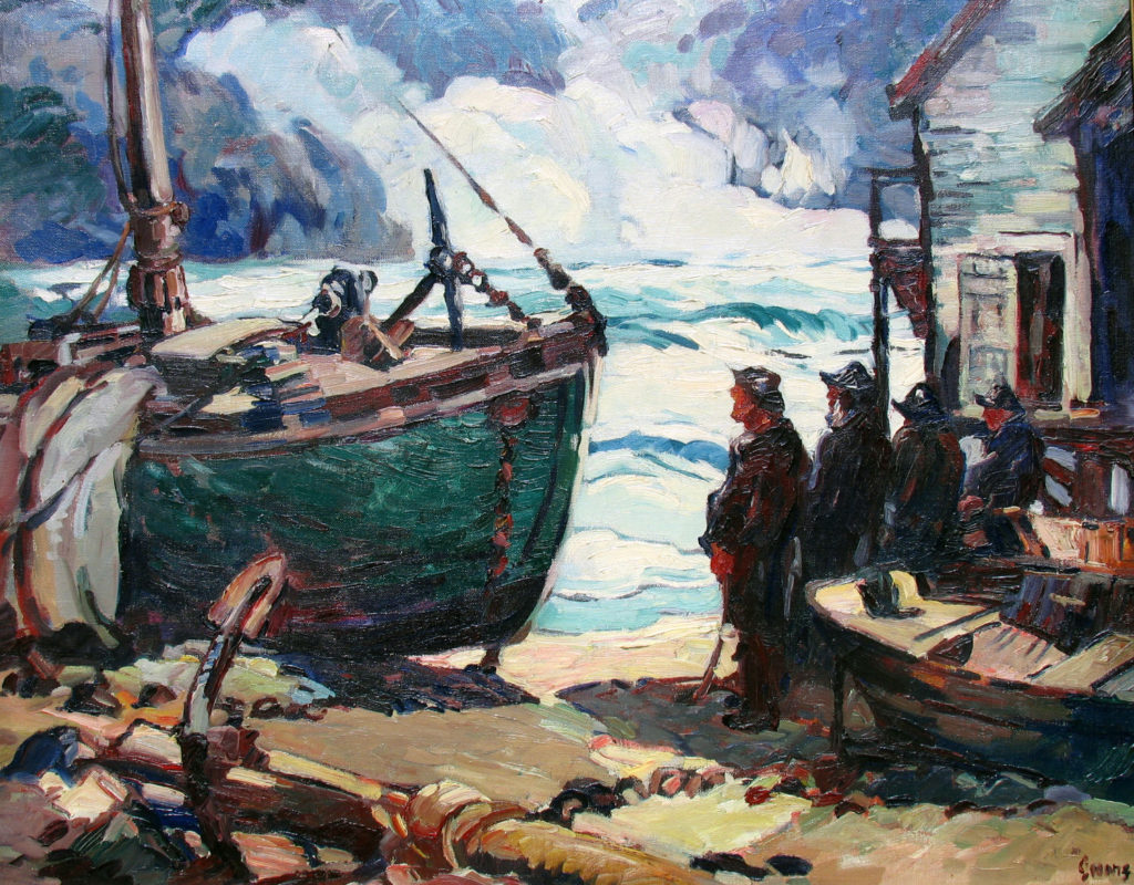 Oil painting by George P. Ennis (1884-1936) of a group of fishermen preparing to board a large sail boat on what appears to be a cold blustery day.