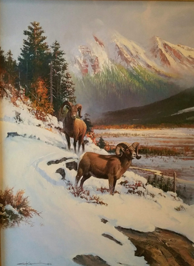 Oil painting of two big horn sheep on a snowy mountainside by George Kovach