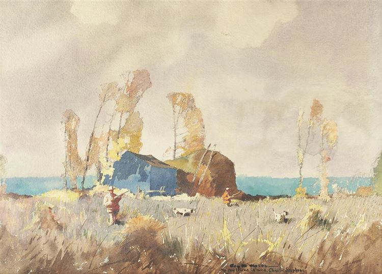 water color painting by Roy Mason of two bird hunters with their dogs in a grassy meadow.