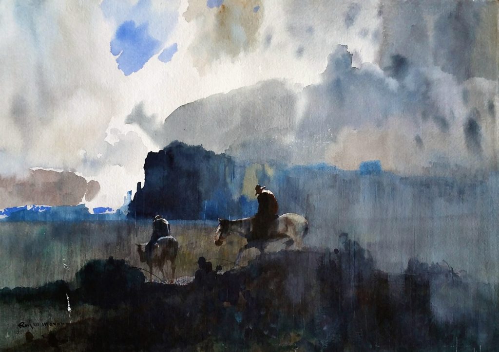 water color painting by Roy Mason of two tired looking men on worn out horses approaching a mysteriously dark looking mountain in the background.