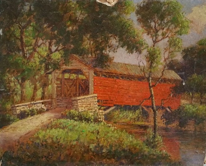 Painting by Benson Bond Moore of a red covered bridge with green grass in the forefront, surrounded by large green trees.