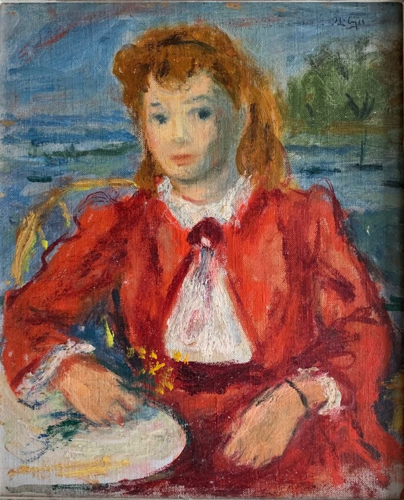 Oil Painting by Robert Phillip of a red haired woman dressed in a red suit, sitting at a small table.