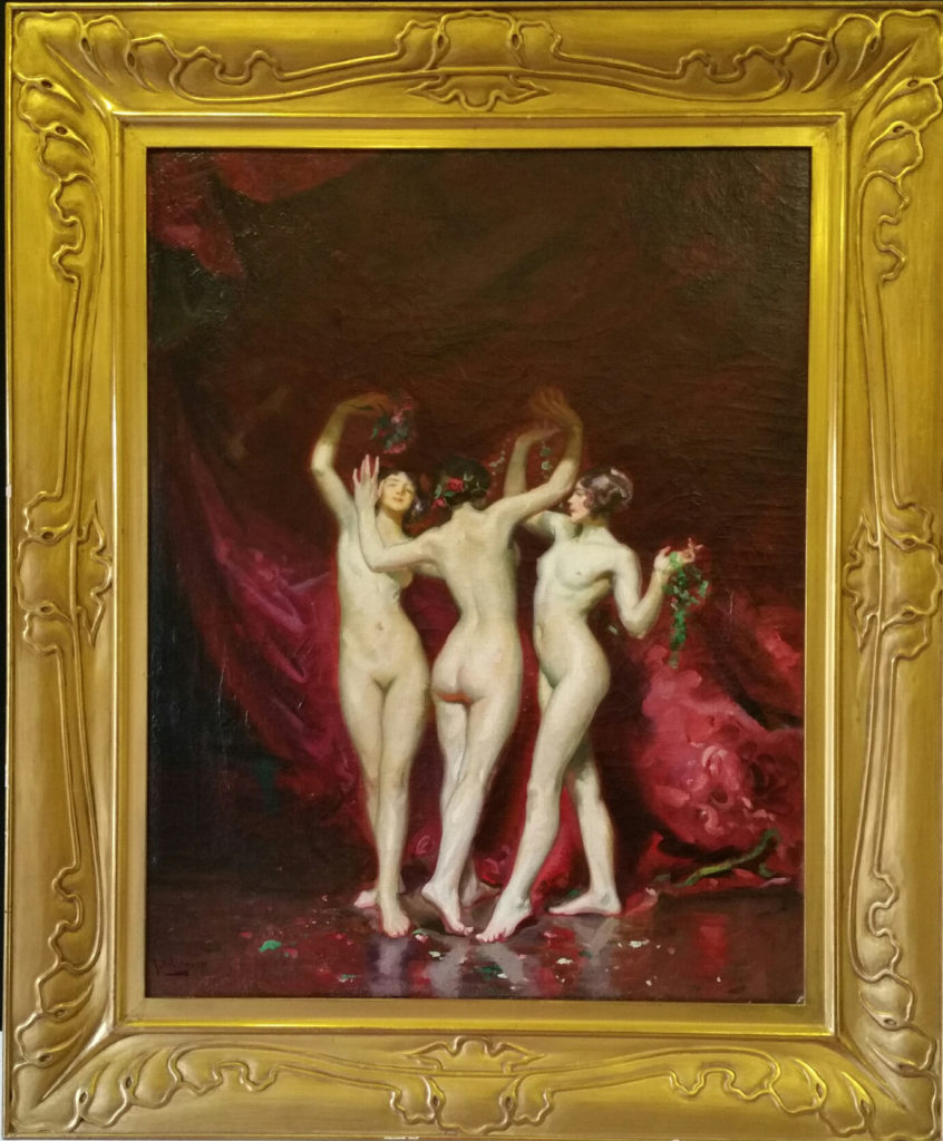 Oil painting by Julius Rolshoven (1858-1930) of three naked nymphs dancing in front of a red background.