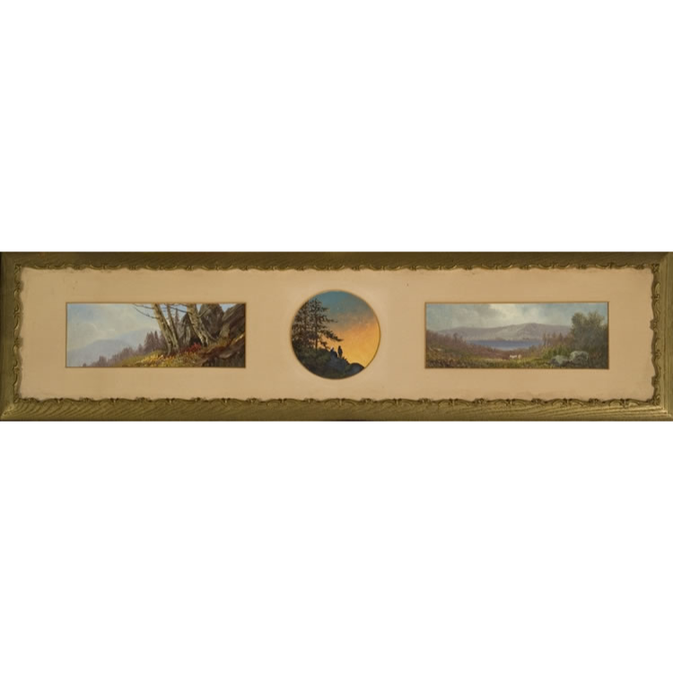 Three small paintings by Frank Butman, (1820-1871) displayed side by side in matted frame.