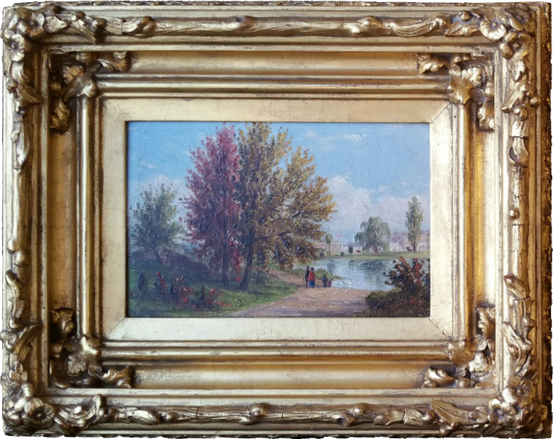 painting of a couple with two small children standing in the shade of a large tree, on the shore of a glassy lake watching several white ducks paddling in the water near them.