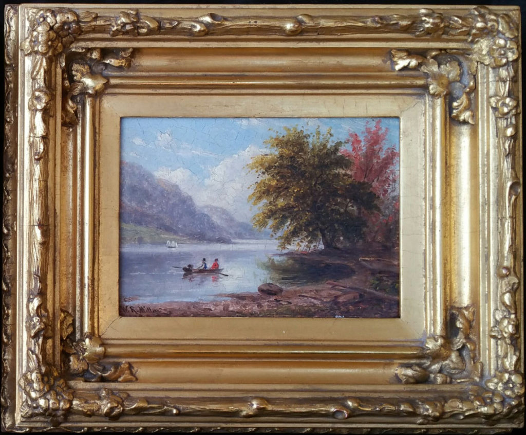 Painting by William R. Miller of a couple with two children out on a calm lake in a small row boat.