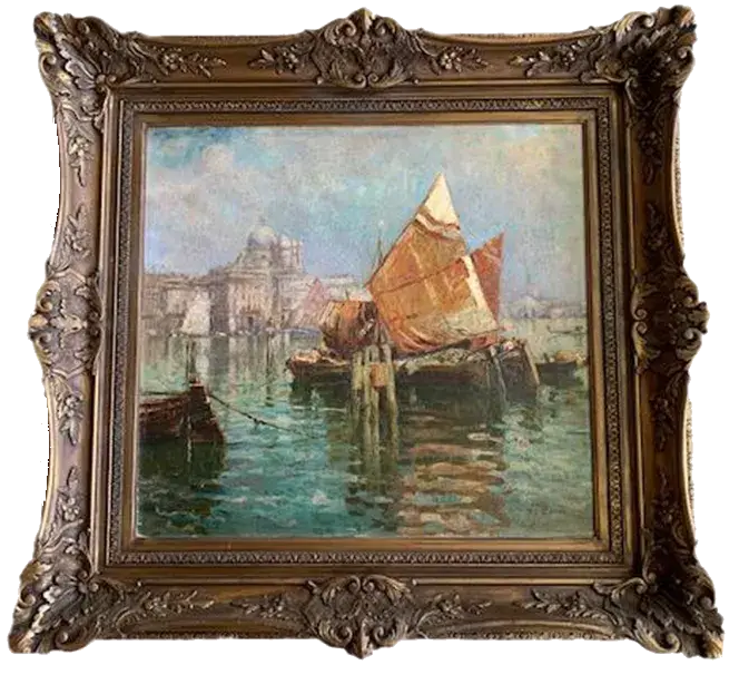 Image of an old sloop tied up in a bay with what appears to be a mosque in the distant background.