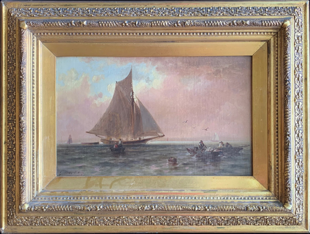 Painting by Granville Perkins of a the lower bay harbor in New York City in the 1800's with a large sailing vessel in view.