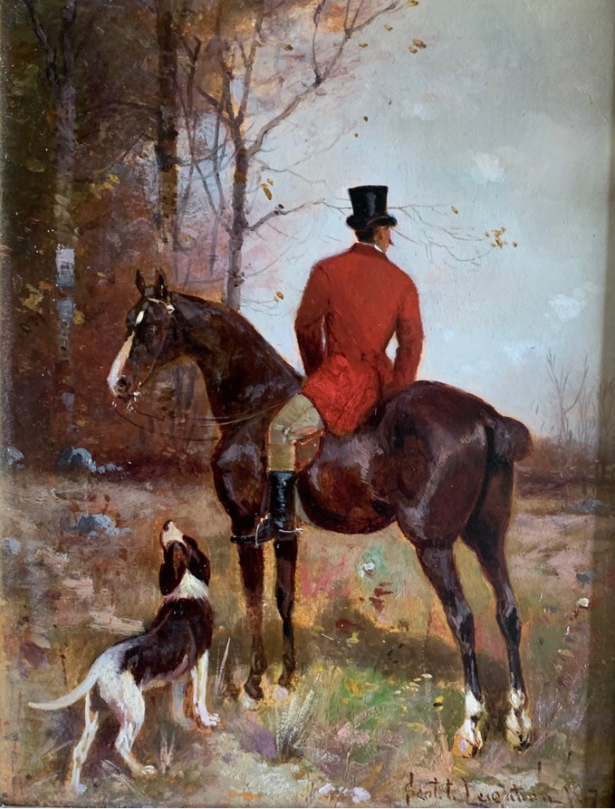 Larger more detailed image of a framed painting of a fox hunter in his top hat and bright red coat astride a fine horse with his hound at the ready beside the horse. This image has cropped out the frame.