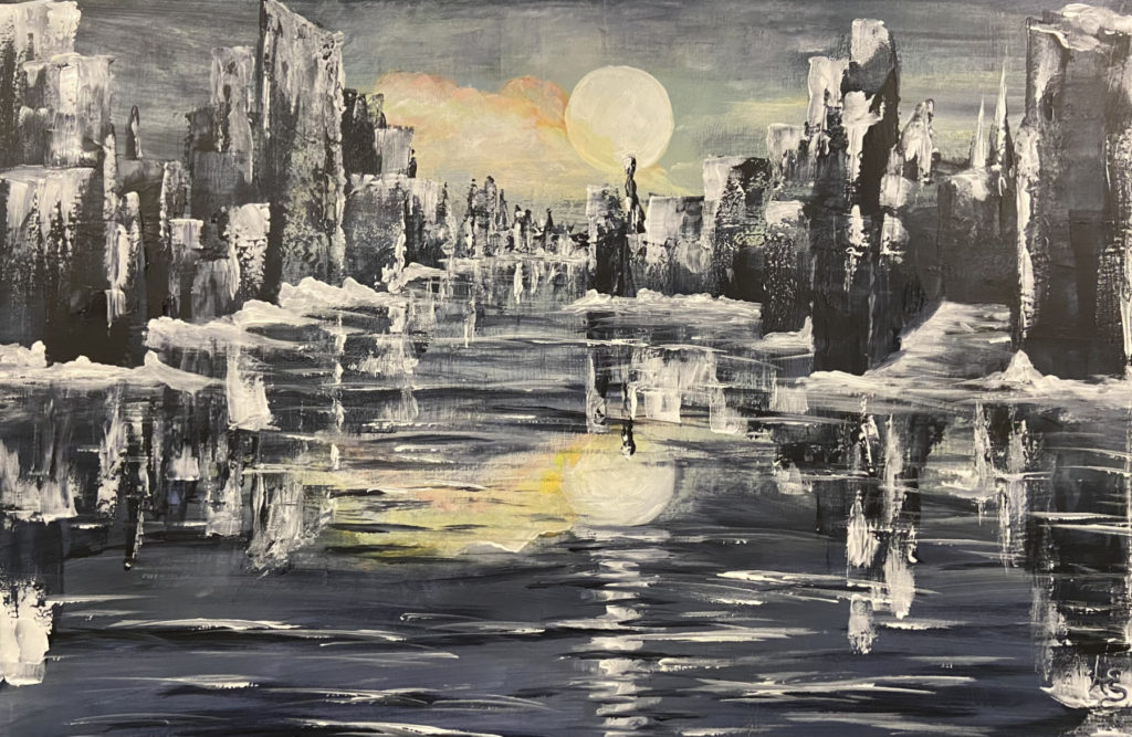 Acrylic painting by Arlene M. Enns of a large bright sun rising over an etherial frozen river between banks of snow covered rocks and trees.