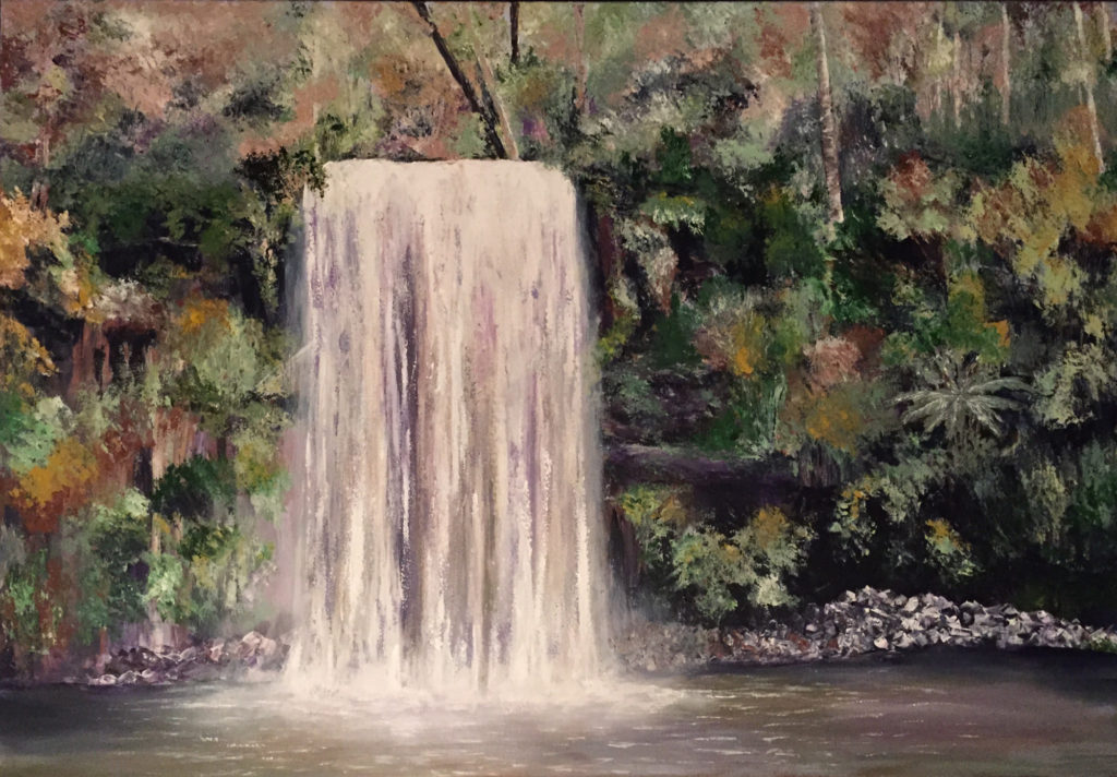 Painting of a large broad waterfall emerging from the Australian forest, dropping into a flat, calm pool.