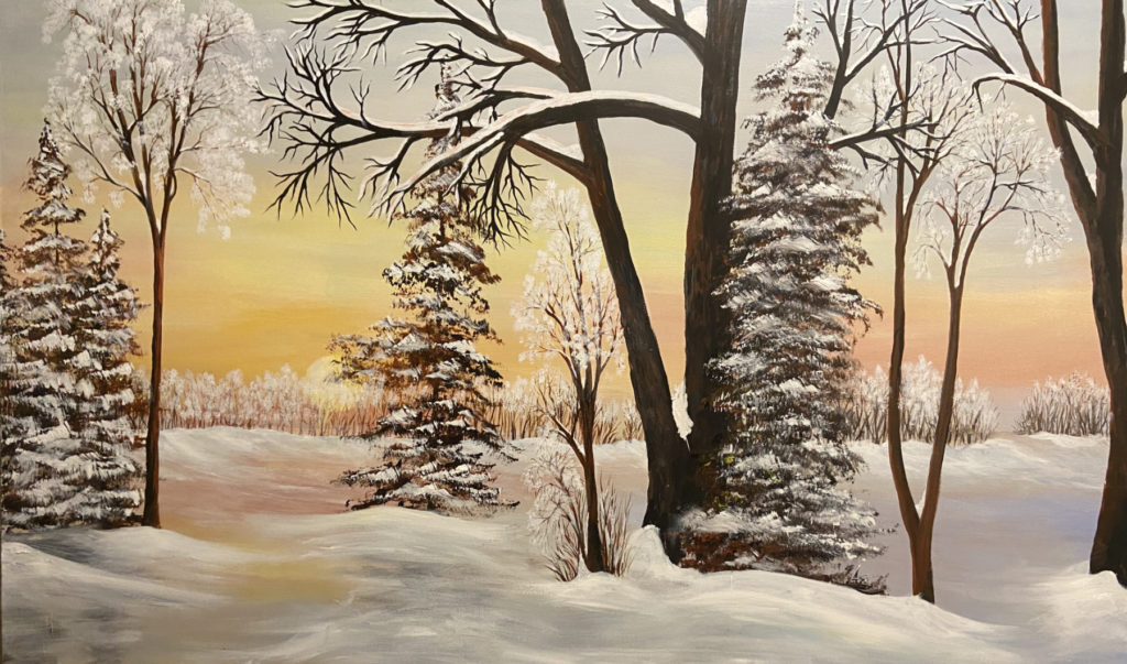 winter scene of three snow covered pines and a large cottonwood amidst a snow drifted garden, lit up by a golden winter sunset.