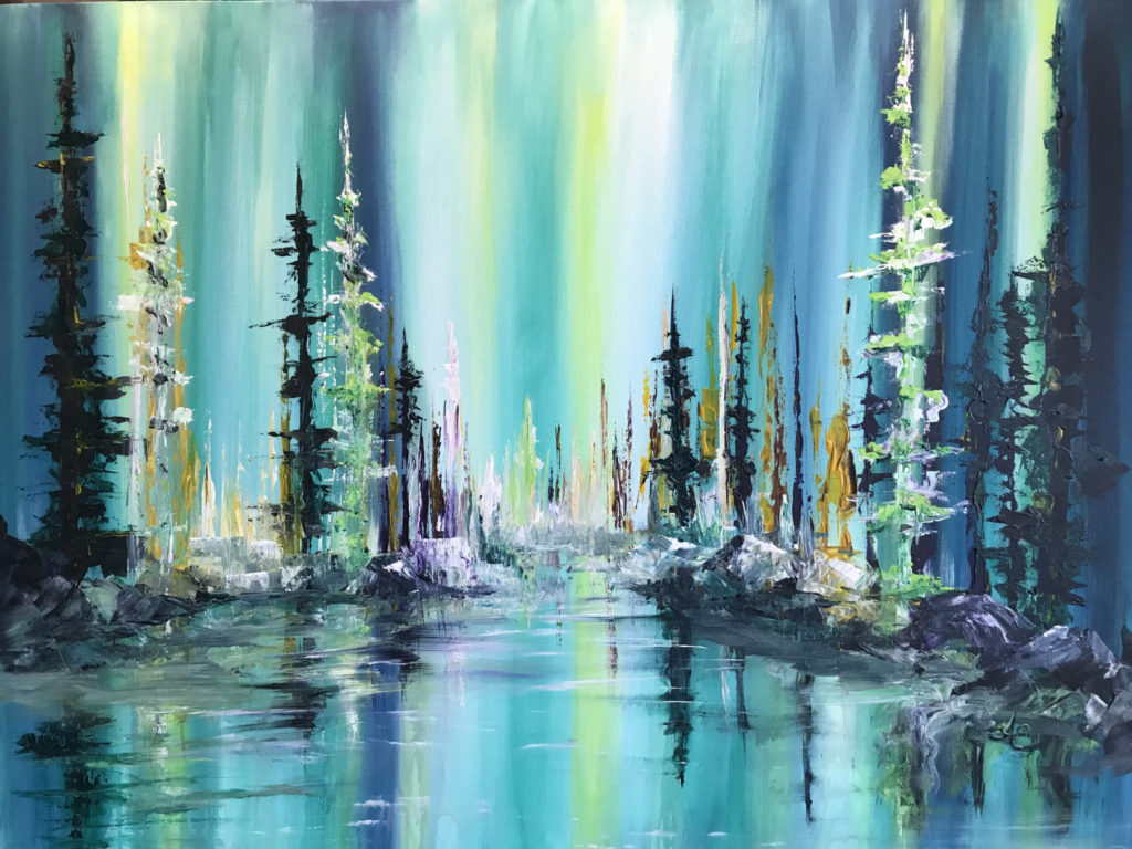 Quasi abstract painting of bright green, blue and yellow streaked sky reflecting on a mirror like lake surrounded by snow covered trees.