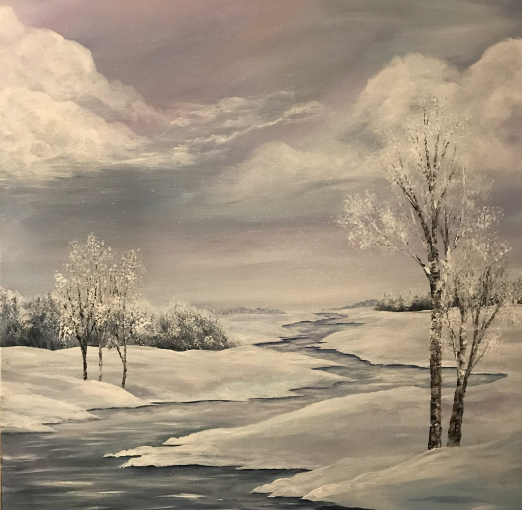 Painting of a winding river on a grey cloudy, winter day. The river is flanked by a few bare, snow crusted trees and shrubs.