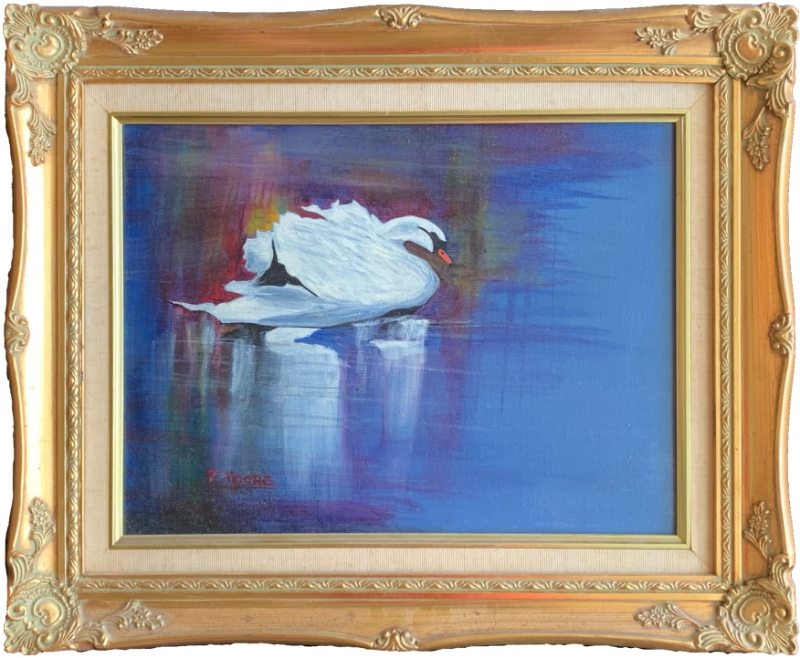 Painting of a graceful swan swimming on a glassy lake.