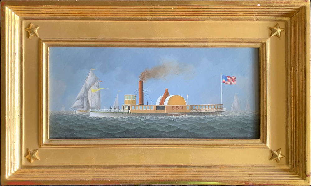 20th century painting by George Nemethy of a steam powered side wheeler out on the water.