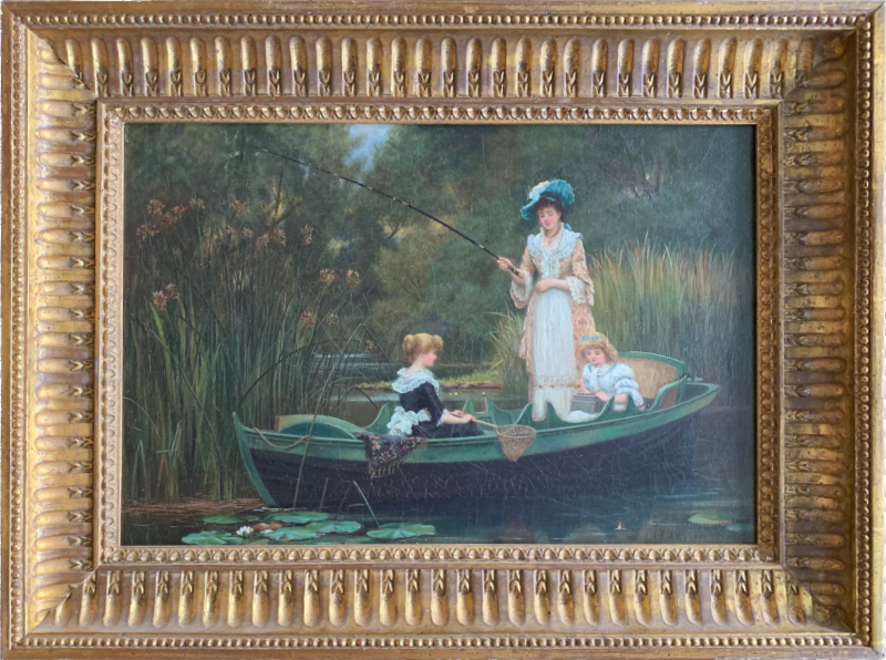 Oil painting by Emile Vernon of a mother fishing in a boat with her child. title of the painting is "Fishing with Momma".