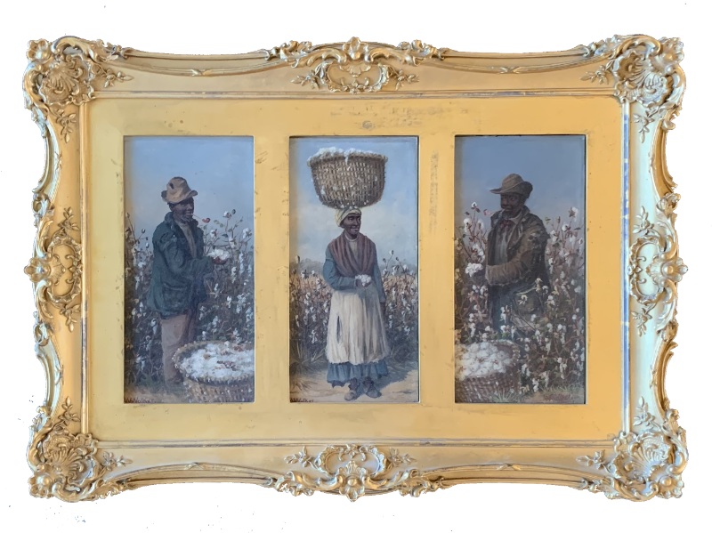 Three paintings in one frame. Each frame contains a prominent image of a person harvesting cotton by hand. From William A Walker "Life on the the Plantation" collection.