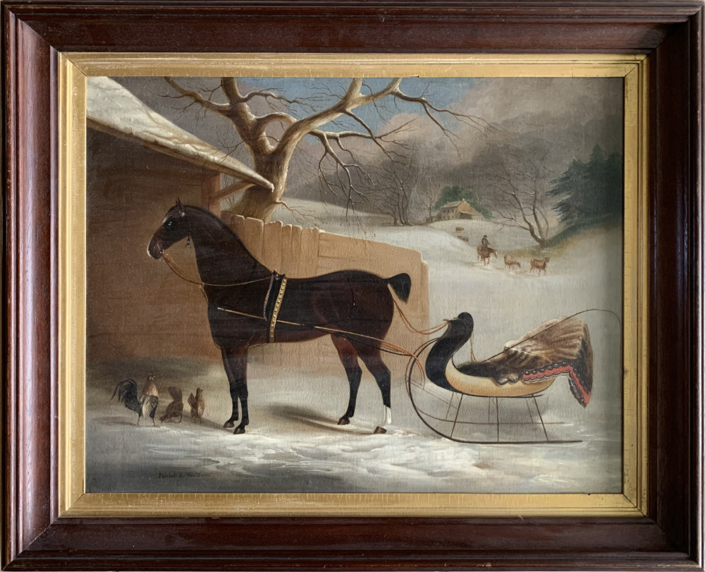 Painting by Thomas Kirby Van Zandt of a horse and sleigh waiting for passengers by a building.