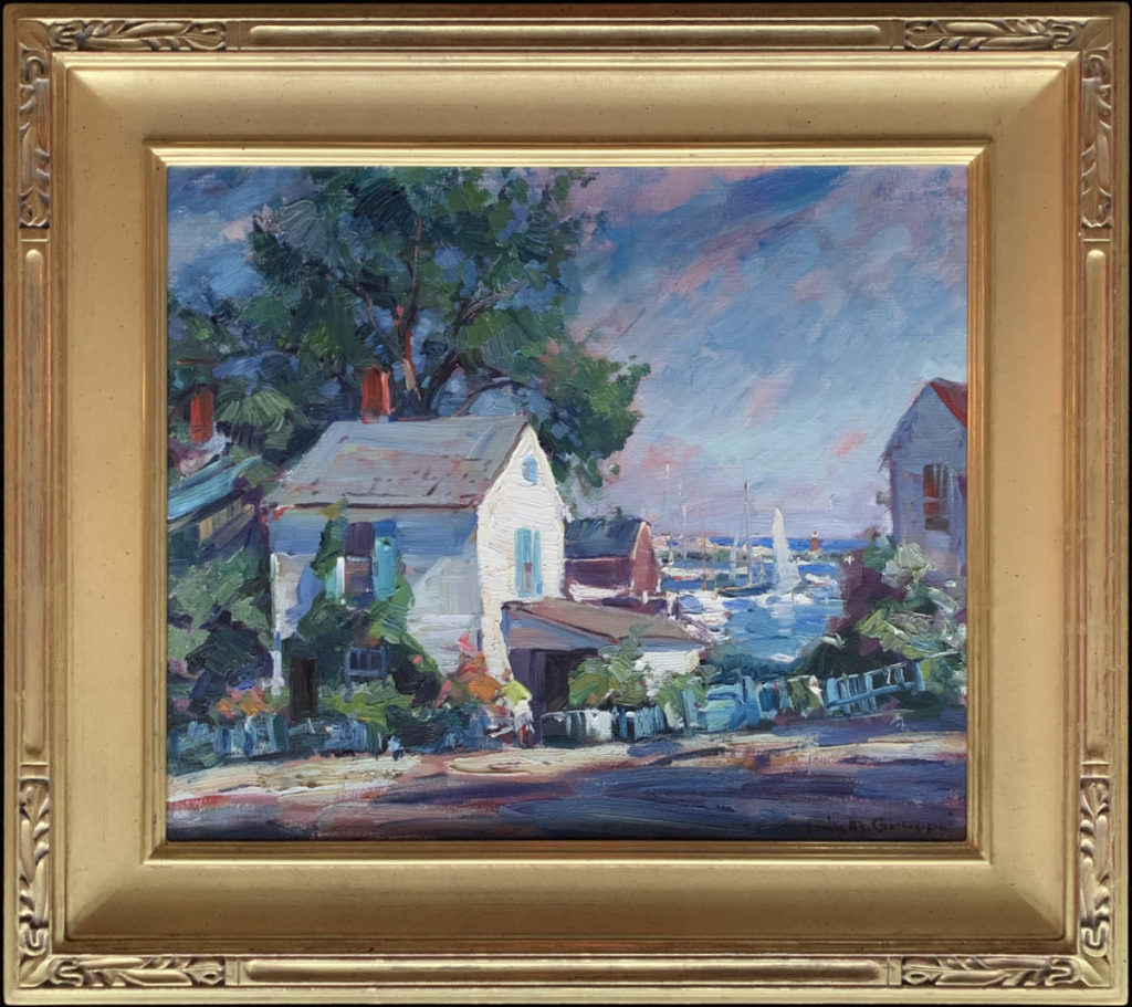 Painting of a white house with blue shutters and trim. It appears to be in a small coastal town, there are other buildings around it a large tree and a harbor in the background.The painting is titled "The Blue Gate" by Emile Gruppe.