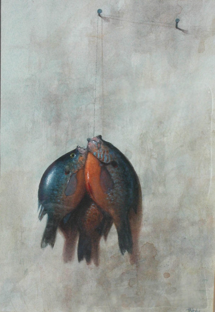 image of a painting by Thomas Aquinas Daly of a catch of three small blue gills hanging from a stringer.