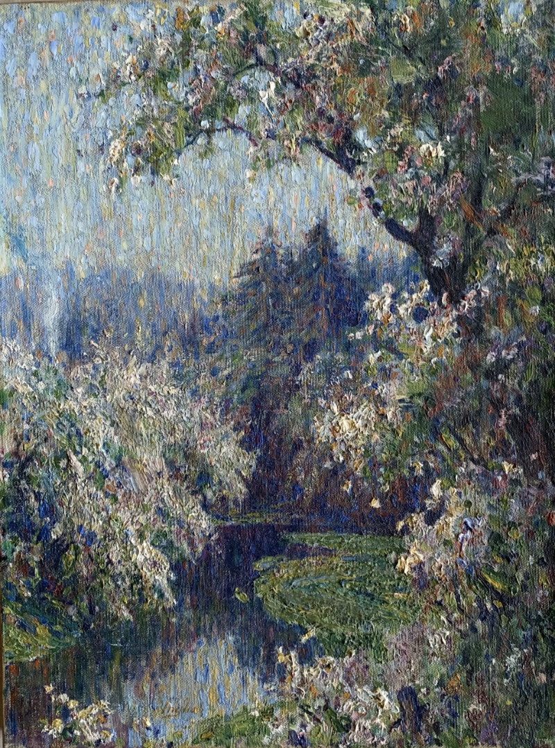 Painting by John Inglis of several large trees in full bloom in the springtime.