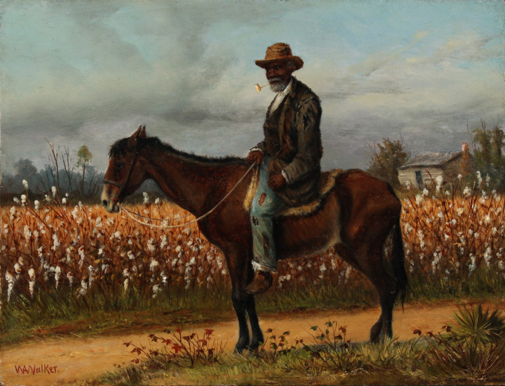 Painting of a donkey with a rider near a cotton field, by William Aiken Walker.