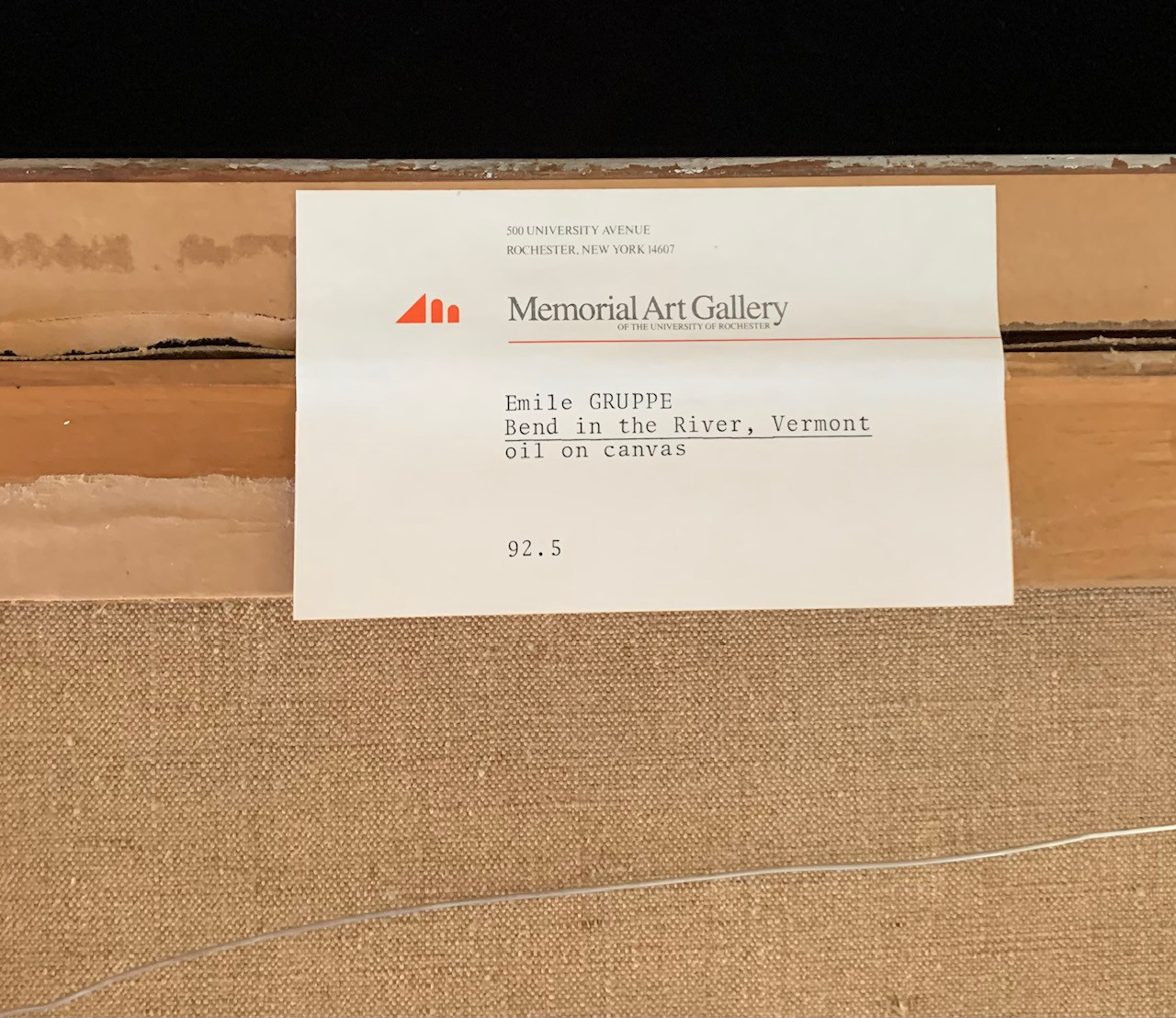 image of Memorial Art Gallery label on back of painting