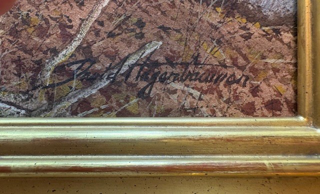 Painting of wild turkeys by David Hagenbaumer - close up of signed corner